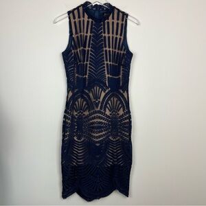 BARDOT Navy Nude Lace Art Deco Sleeveless Dress US 6